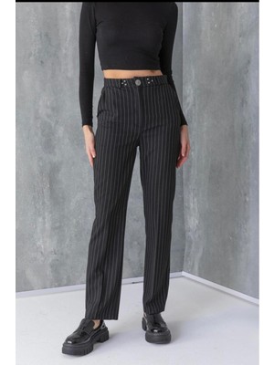 Kemer Düğmli Taşlı Çizgili Kumaş Pantolon