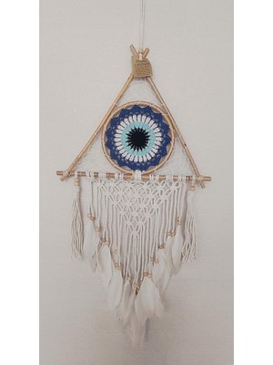 HD Marketim Düş Kapanı Üçgen Göz Makrome Dreamcatcher Bambu Nazarlı Beyaz Kuş Tüyü Rüya Kapanı Duvar Süsü Elişi