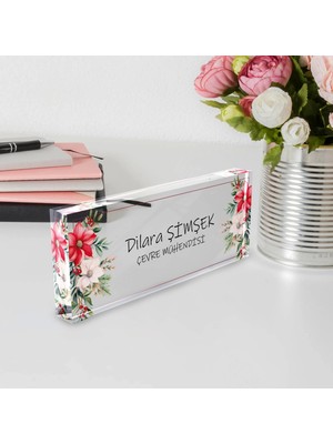 Kişiye Özel Çiçekli Masa Isimliği, Çiçek Desenli Hediye Ofis Dekoratif Masa Üstü Isimlik