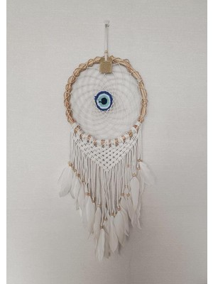 HD Marketim Düş Kapanı Göz Makrome Dreamcatcher Bambu Nazarlı Beyaz Kuş Tüyü Rüya Kapanı Duvar Süsü Elişi