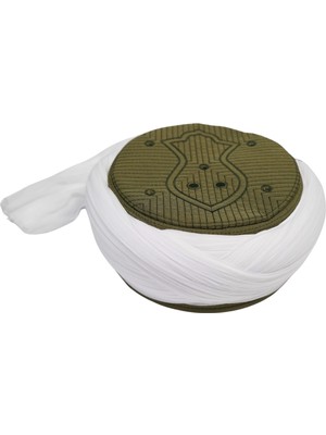 Sarıkhane Namaz Sarığı - Beyaz Kumaş - Yeşil Takke - Çapraz Sarım - Nâli Şerif - 7 metre (Züabeli)