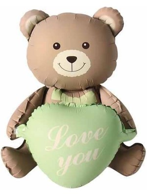 Love You Yazılı Retro Yeşil Kalpli Kahverengi Oturan Ayı Folyo Balon