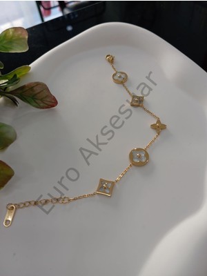 Stainless Steel Gold Yonca Detaylı Çelik Bileklik