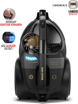Philips Marathon Yüksek Emiş Güçlü Hepa Filtreli POWERCYCLONE10 ve Nanoclean Teknojili Premium Torbasız Süpürge, Onerous Lambader Hediye