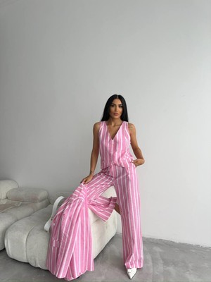 Maggaza Çizgili Keten Yelek-Pantolon Takım - Pembe
