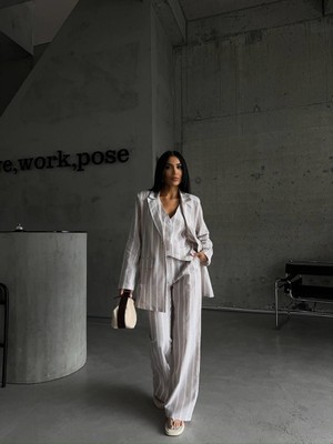 Maggaza Çizgili Keten Yelek-Pantolon Takım - Bej