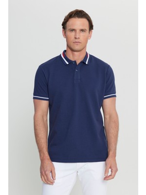 Altınyıldız Classics Erkek Lacivert %100 Pamuk Kıvrılmaz Polo Yaka Tişört Slim Fit Dar Kesim