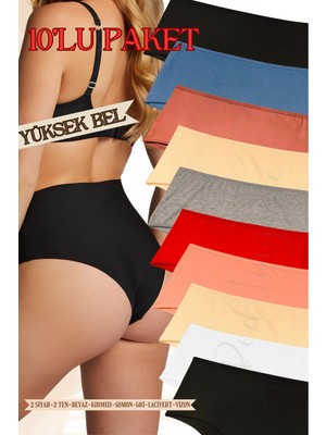 Red İç Giyim Büyük Beden Yüksek Bel Pamuklu Kadın Külot (Slip) 10'lu Paket (Battal-Bato)