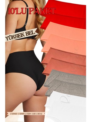Red İç Giyim Büyük Beden Yüksek Bel Pamuklu Kadın Külot (Slip) 10'lu Paket (Battal-Bato)