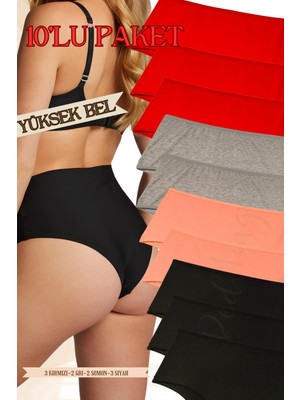 Red İç Giyim Yüksek Bel Büyük Beden Pamuklu Kadın Külot (Slip) 10'lu Paket (Battal-Bato)