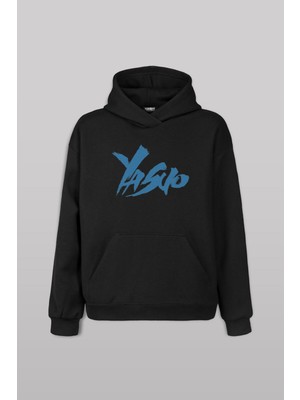 Siyah Sweat Oyun Gamer Yasuo Ön Baskılı Sweatshirt Unisex Kapüşonlu Hoodie
