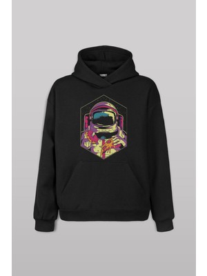 Uzayda Yemek Yiyen Astronot Cosmos Pizza Bilim Ön Baskılı Sweatshirt Unisex Kapüşonlu Hoodie