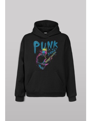 Siyah Sweatshirt Punk Is Not Dead Guitar Mohawk Rock Music Gitar Skeleton Baskılı Hoodie