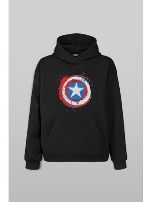 Siyah Sweat Captain America Kaptan Amerika Kalkan Ön Baskılı Sweatshirt Unisex Kapüşonlu Hoodie