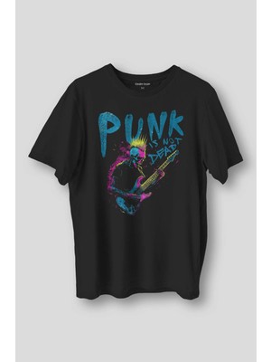 Siyah Tişört Punk Is Not Dead Guitar Mohawk Rock Music Gitar Skeleton Baskılı Unisex T-Shirt