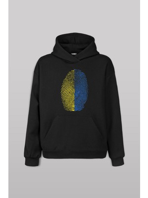 Sarı Lacivert Parmak Izi  Ön Baskılı Sweatshirt Unisex Kapüşonlu Hoodie