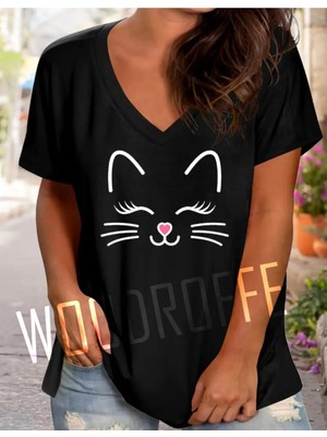 Woodroffe Kadın V Yaka Siyah Baskılı T-Shirt Salaş Rahat Kesim Boyfirend