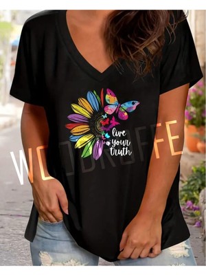 Woodroffe Kadın V Yaka Siyah Baskılı T-Shirt Salaş Rahat Kesim Boyfirend