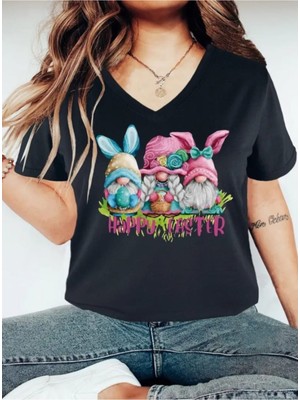 Woodroffe Kadın V Yaka Baskılı Siyah/beyaz Salaş Oversize T-Shirt