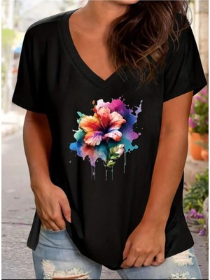 Woodroffe Kadın V Yaka Baskılı Siyah/beyaz Salaş Oversize T-Shirt