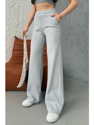 Comeor Kadın Gri Yüksek Bel Bol Paça Kaşkorse Fitilli Cepli Pantolon Eşofman Altı