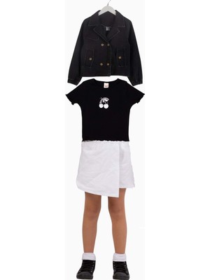 Waka Waka Kids Store Kiraz Baskılı T-Shirt Önden Yırtmaçlı Şort Etek Crop Kot Ceketli Kız Çocuk Takım
