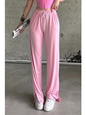 La & Verta Pembe Beli Lastikli Yırtmaçlı Yüksek Bel Eşofman Altı
