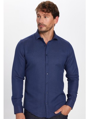 Tudors Erkek Slim Fit Dar Kesim Uzun Kollu Pamuklu Kolay Ütü Armürlü Lacivert Gömlek