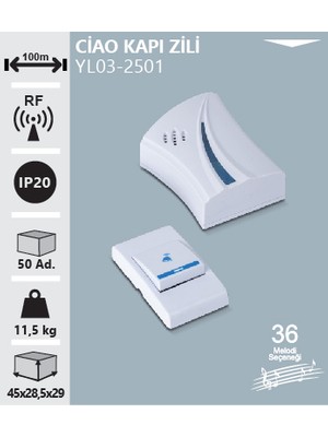 Noas Ciao Kapı Zili Kablosuz 100 Metre Mesafeli 36 Melodi Seçenekli
