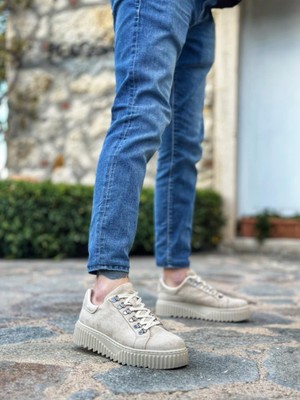 BA0505 Çengel Bağcıklı Krem Renk Yüksek Tabanlı Günlük Ayakkabı