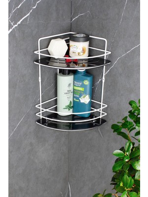 Kristal Raflı Paslanmaz Beyaz Ikili Tel Şampuanlık Yapışkanlı Banyo Köşeliği / Rafı