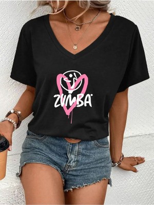 Woodroffe Kadın V Yaka Baskılı Siyah Oversize T-Shirt Salaş Boyfirend