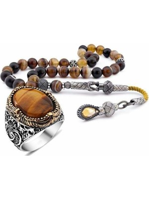 Kaplan Gözü Taşlı  Gümüş Yüzük ve Akik Taşlı Tesbih Kombini