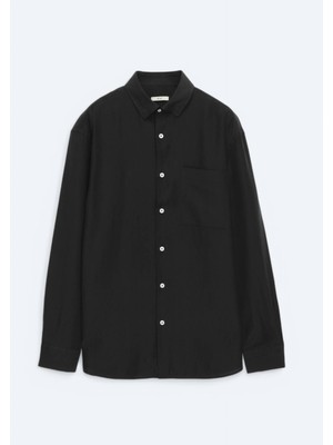 Siyah Düz Oversize Fit Dokuma Casual Gömlek