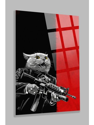 Taulart Ultra Yüksek Çözünürlüklü Kırmızı Siyah Kedi Görseli Ev, Ofis Hediyesi Cam Tablo