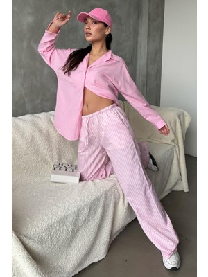 Madmext Pembe Beli Ayarlanabilir Kadın Pantolon MG2312 Cepli Bol Paça Günlük Stil %60 Cotton