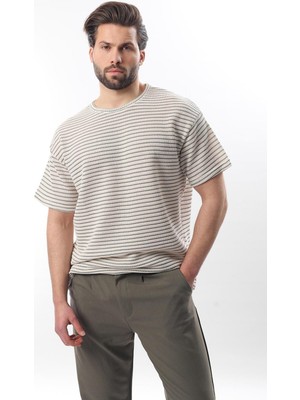 Gri Bisiklet Yaka Pamuklu Çizgili Erkek T-Shirt E7121