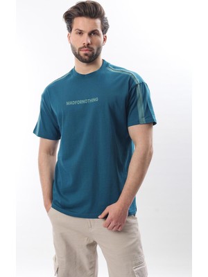 Petrol Mavisi Bisiklet Yaka Baskılı Erkek T-Shirt E7110