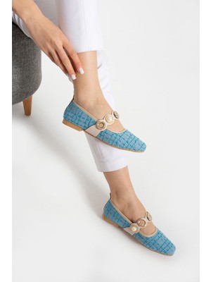 Parparastil Tüvit  Detaylı Arkası Kapalı Alçak Topuklu Mary Jane Günlük Mavi Hasır Kadın Babet