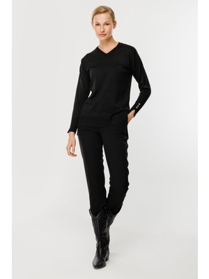 V Yaka Basic Triko Kazak-Siyah