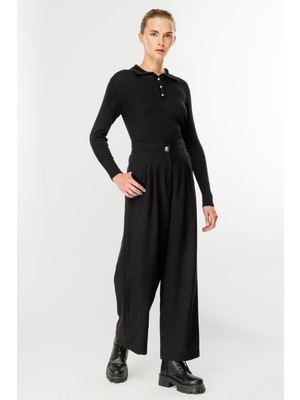 Pileli Yüksek Bel Palazzo Pantolon-Siyah