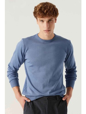 D'S Damat Ds Damat Regular Fit Koyu Mavi Tüylenme Yapmayan Bisiklet Yaka Triko Kazak 5HF06ORT12004