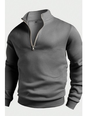 Ghassy Co. Erkek Dik Yaka Silver Yarım Fermuarlı Sweatshirt
