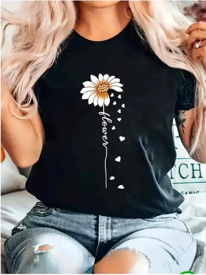 Medinenur Flower Yazı Detaylı Basic T-Shirt