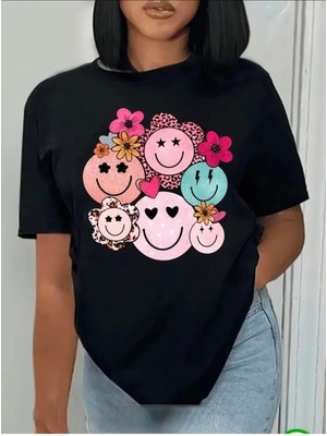 Medinenur Gülen Yüzler Baskılı Basic T-Shirt