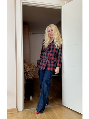 Modaonna Ekose Desen Kırmızı Blazer Ceket