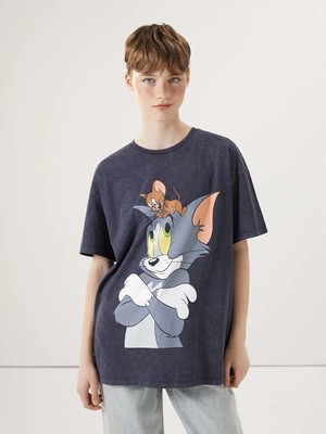 LC Waikiki Xsıde Antrasit Bisiklet Yaka Tom & Jerry Baskılı Kadın Tişört T T