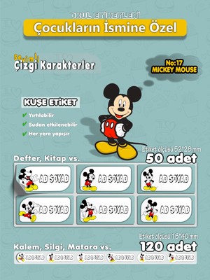 Agg Reklam Mickey Mouse Kuşe Etiket İsme Özel Hobi - Okul Seti 170 Adet