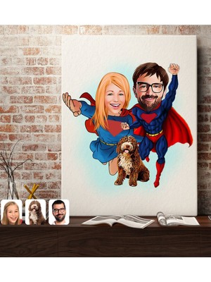 Kişiye Özel Evcil Dost ve Süper Sevgililer Karikatürlü Kanvas Tablo 70X100CM-1