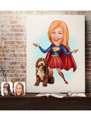 Kişiye Özel Evcil Dost ve Süper Kadın Karikatürlü Kanvas Tablo 70X100CM-11